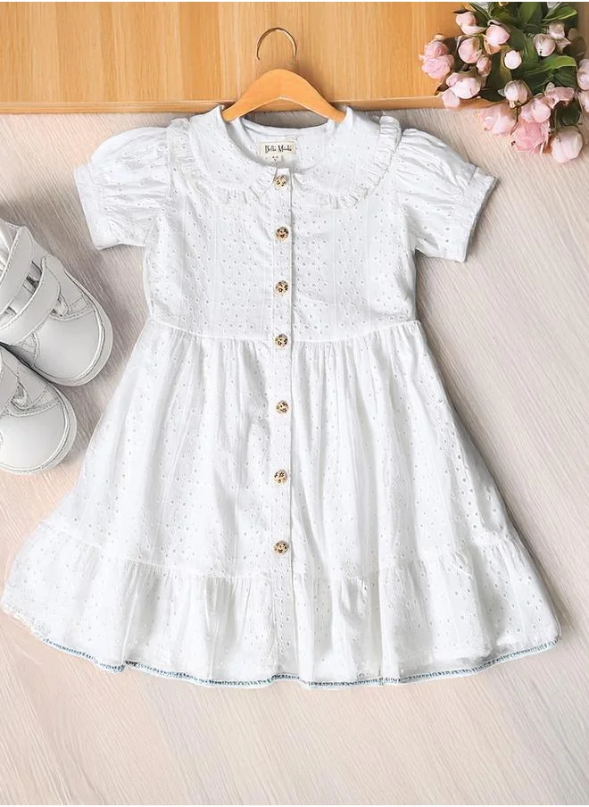 BELLA MODA Bella Moda Solid Schiffli Puff Sleeves Dress with Button Front