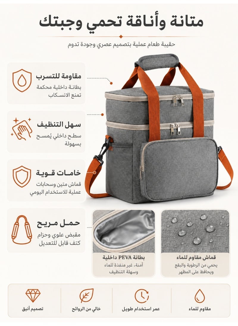 OHAHO Insulated Lunch Box for Men & Women - Leak-Proof Cooler Lunch Bag Double Layer Thermal Lunch Bag Large Capacity Picnic Box Meal Pouch Food Insulated Cooler Delivery Bags Adjustable Strap Ideal for Work Picnic Travel - Gray 27×18×29cm - Image 4