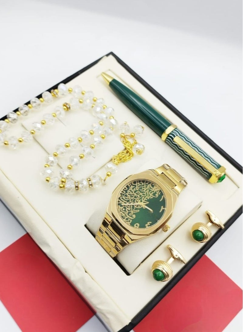 Catera Gift set for a high-quality, elegant waterproof men's watch, Gold bracelet and green dial with Arabic decorations - limited edition 