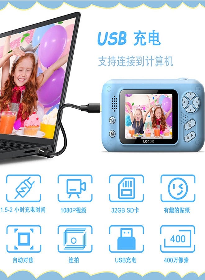 Kids Camera 1080p Kids Digital Camera Mini Video Camera For Kids 180° Rotatable Lens Built In Battery Cute Photo Frames Fun Games With Mini Desktop 32gb Memory Card Card reader  - Image 3