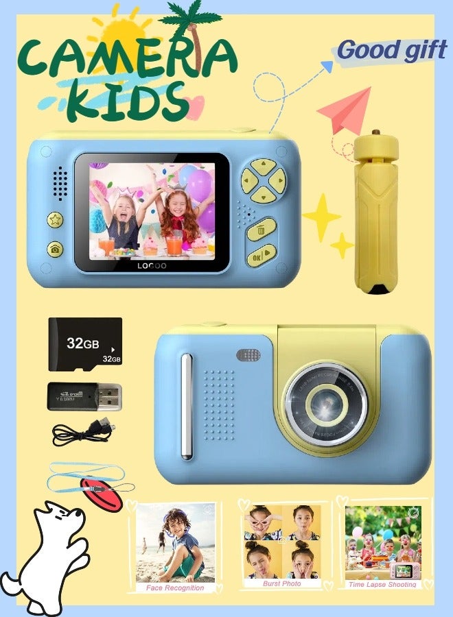 Kids Camera 1080p Kids Digital Camera Mini Video Camera For Kids 180° Rotatable Lens Built In Battery Cute Photo Frames Fun Games With Mini Desktop 32gb Memory Card Card reader  - Image 1