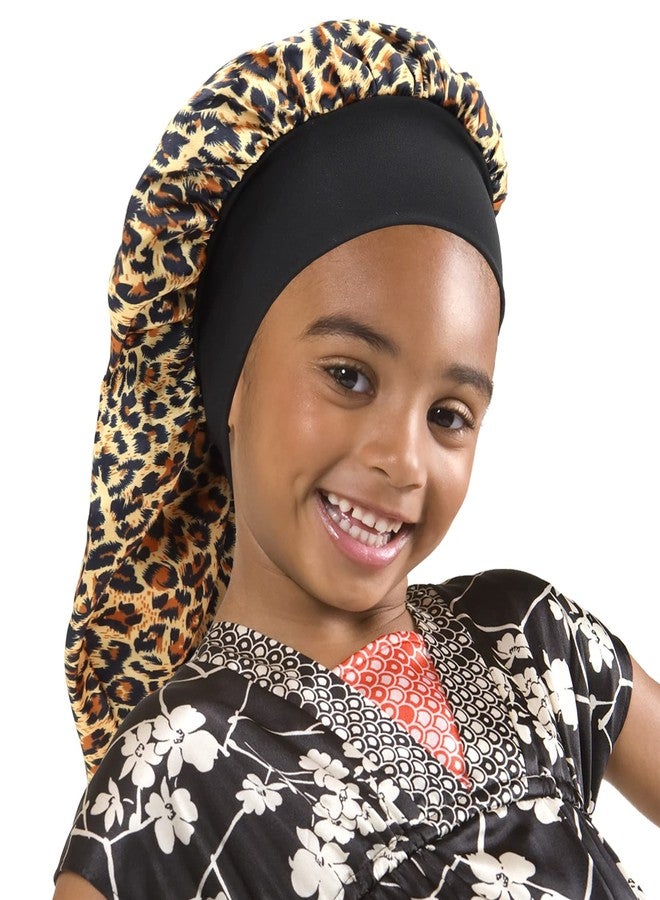 SENGTERM Kids Long Satin Bonnet Girls Sleeping Cap Braids Bonnet for Long Curly Hair (Kids Long Leopard) - Image 1