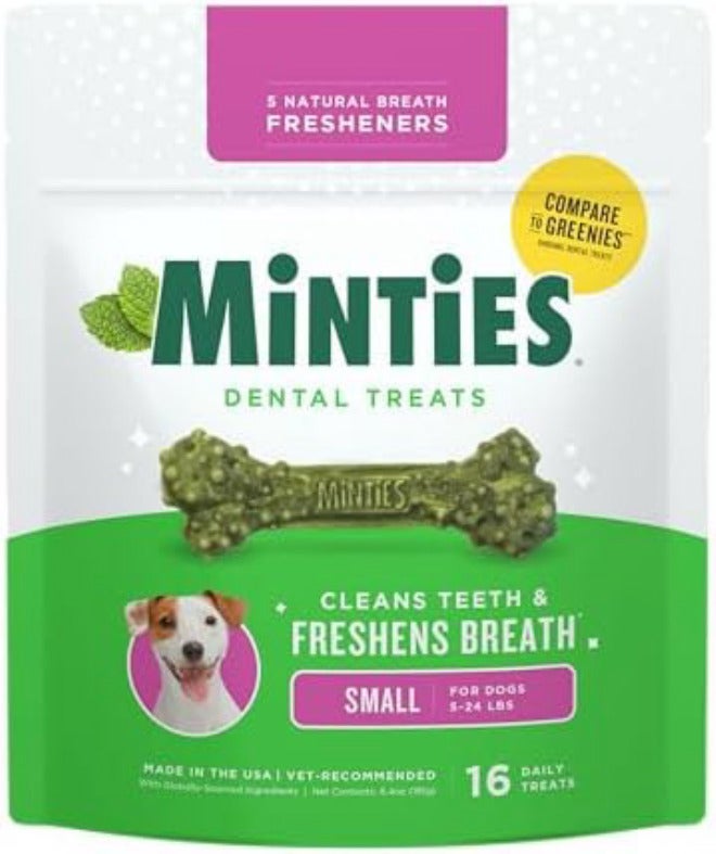 Minties Dental Chews for Dogs, 16 Count, Vet-Recommended Mint-Flavored Dental Treats for Tiny/Small Dogs 5-24 lbs, Dental Bones Clean Teeth, Fight Bad Breath, and Removes Plaque and Tartar - Image 1