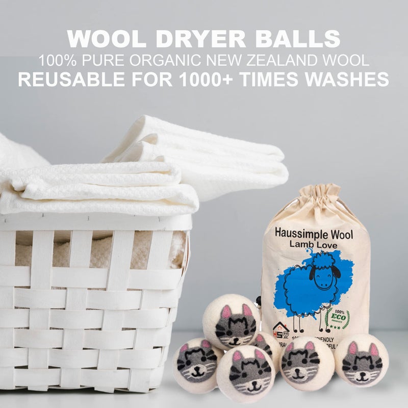 HAUSSIMPLE Wool Dryer Balls Organic Felt 6 Pack Laundry Fabric Softener, Extra Large Reusable Handmade Natural Sheep Wool Lint Wrinkle Free Anti Static Baby Safe (Cat) - Image 4
