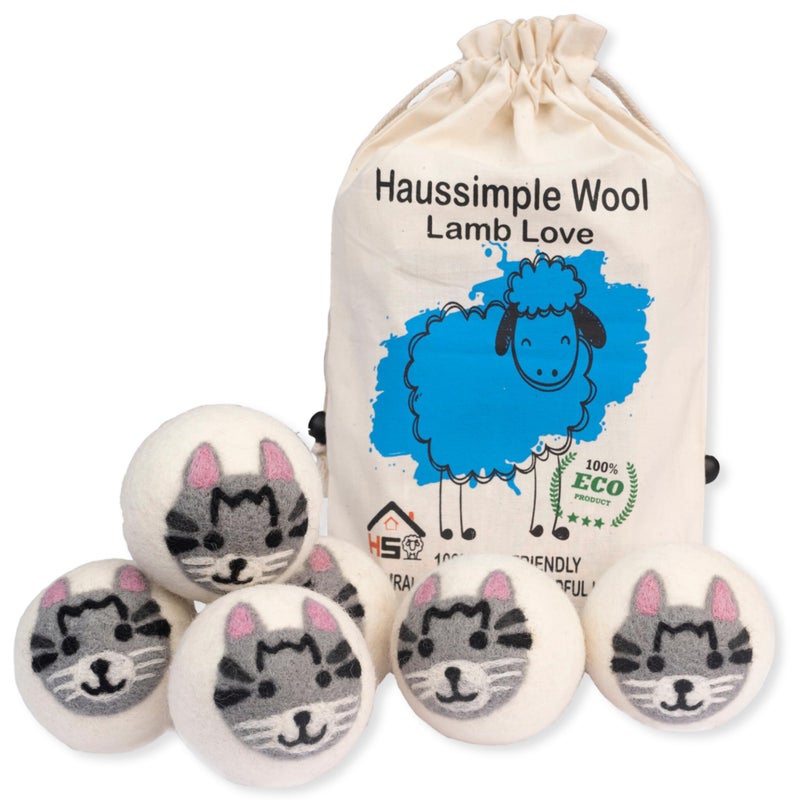 HAUSSIMPLE Wool Dryer Balls Organic Felt 6 Pack Laundry Fabric Softener, Extra Large Reusable Handmade Natural Sheep Wool Lint Wrinkle Free Anti Static Baby Safe (Cat) - Image 1
