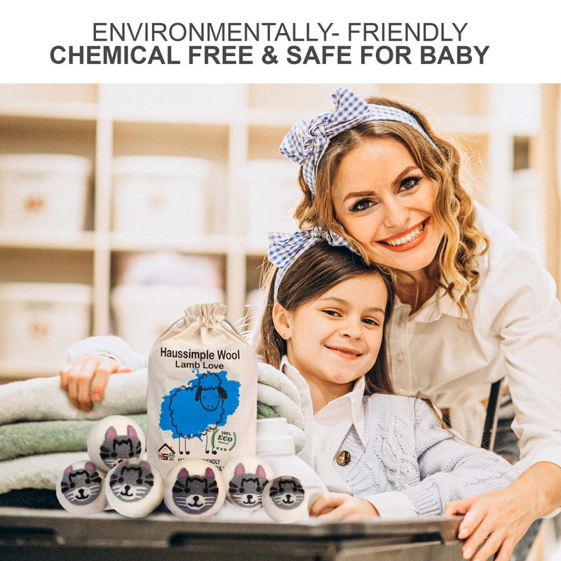 HAUSSIMPLE Wool Dryer Balls Organic Felt 6 Pack Laundry Fabric Softener, Extra Large Reusable Handmade Natural Sheep Wool Lint Wrinkle Free Anti Static Baby Safe (Cat) - Image 2