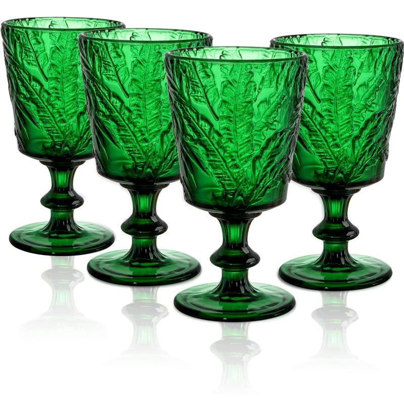SOUJOY Set of 4 Colored Wine Glass Goblet 12oz Handmade Pressed Stemmed Water Cup Green Vintage Tropical Palm Pattern Embossed Drinkware for Party Wedding Christmas