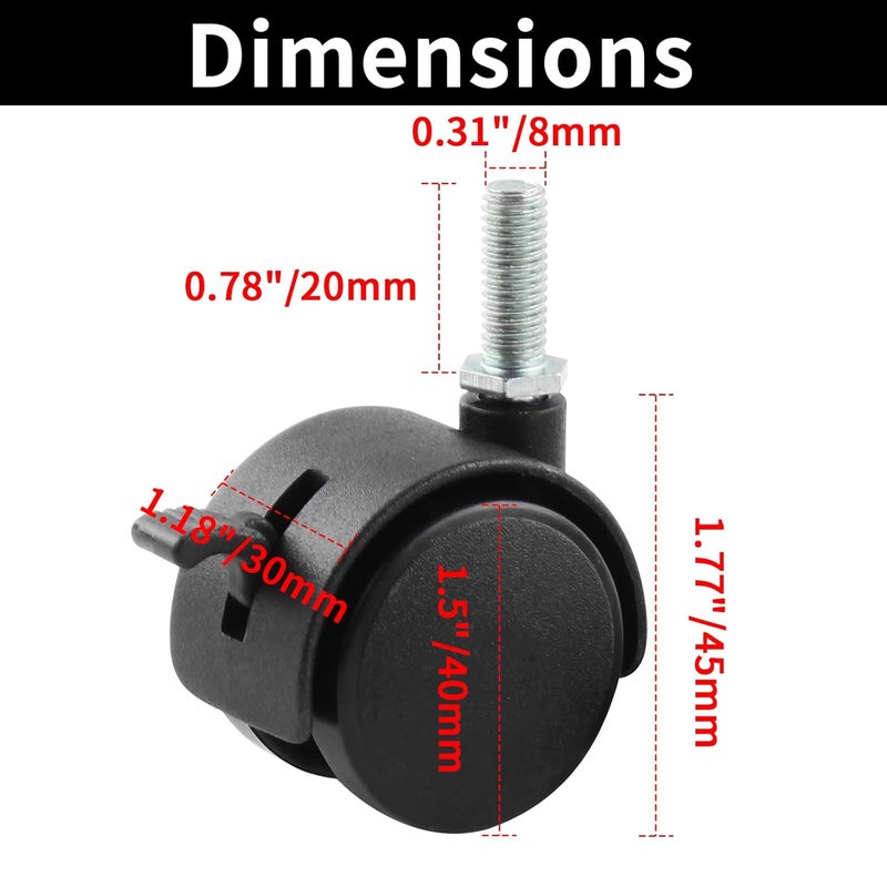 HOWDIA 1.5 Inch Swivel Caster Wheels for Cart, M8-1.25×20mm Threaded Stem Heavy Duty Casters with Brake, Nylon Wheels Replacement for Furniture, Table, Cabinet, Shelf(4 Pack) - Image 2