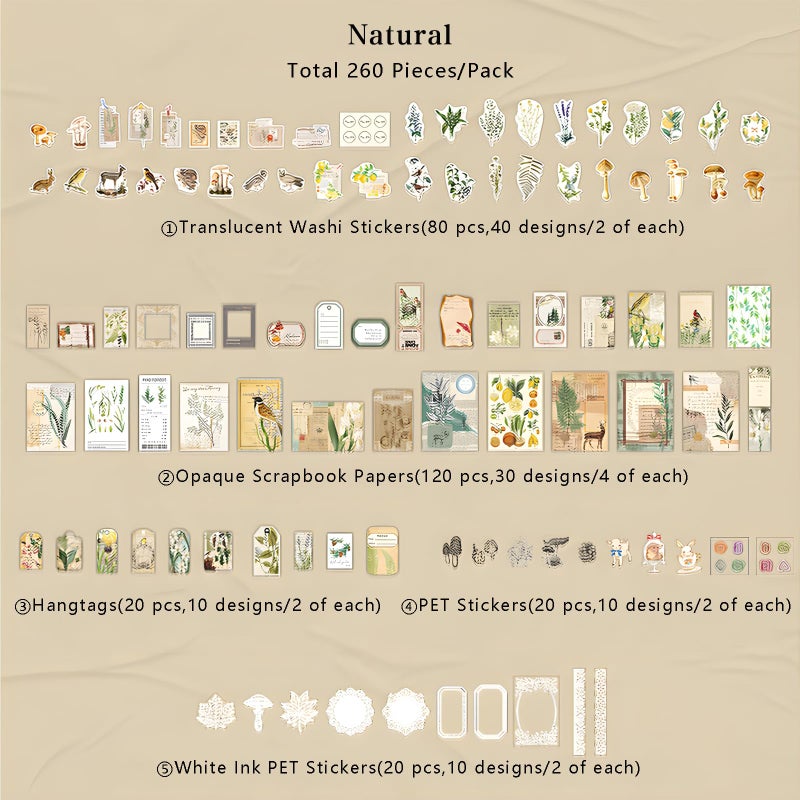 Teniinet 260 PCS Vintage Scrapbooking Supplies Aesthetic Journaling Kit,Large Collection for Bullet Junk Journals,Arts Craft Collage,Ephemera Adults,Beginners,Girls Teenage School Style(Natural) - Image 2