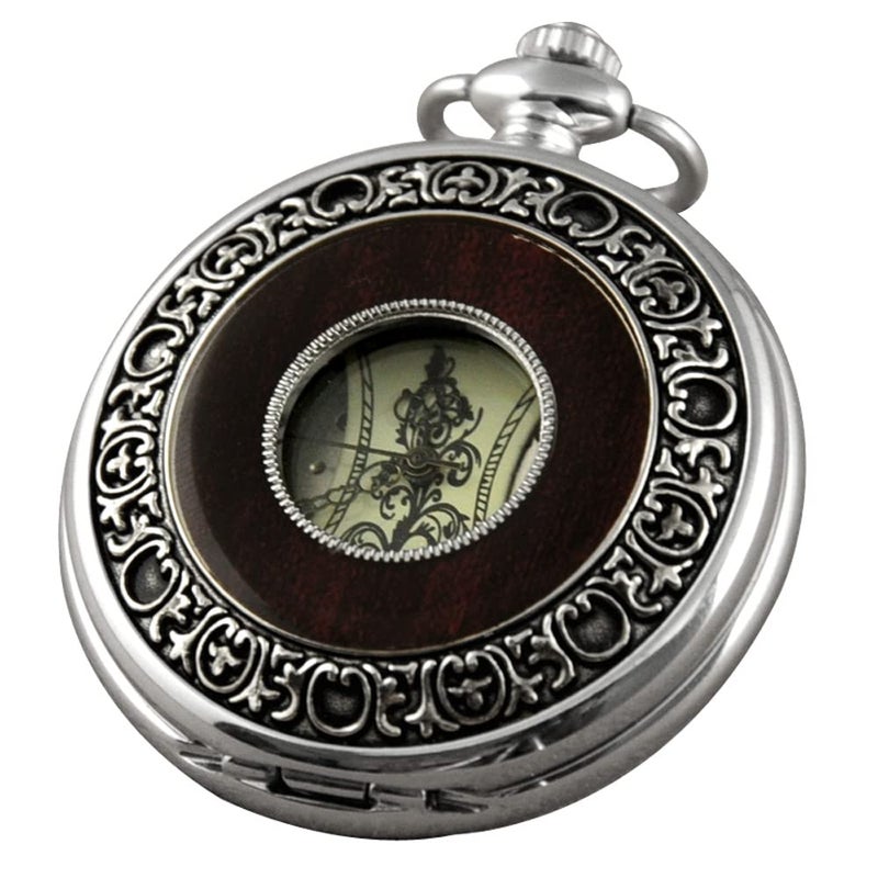 VIGOROSO Mens HandWind Mechanical Pocket Watch Vintage Steampunk Wood Grain Hollow Design with Chain and Box - Image 2
