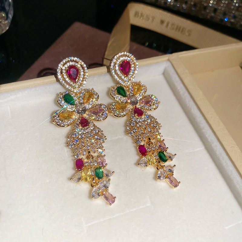 Luxury Jewelry Set: Paparacha Rainbow Gemstone Flower Drop Earrings & Bracelet for Evening Events