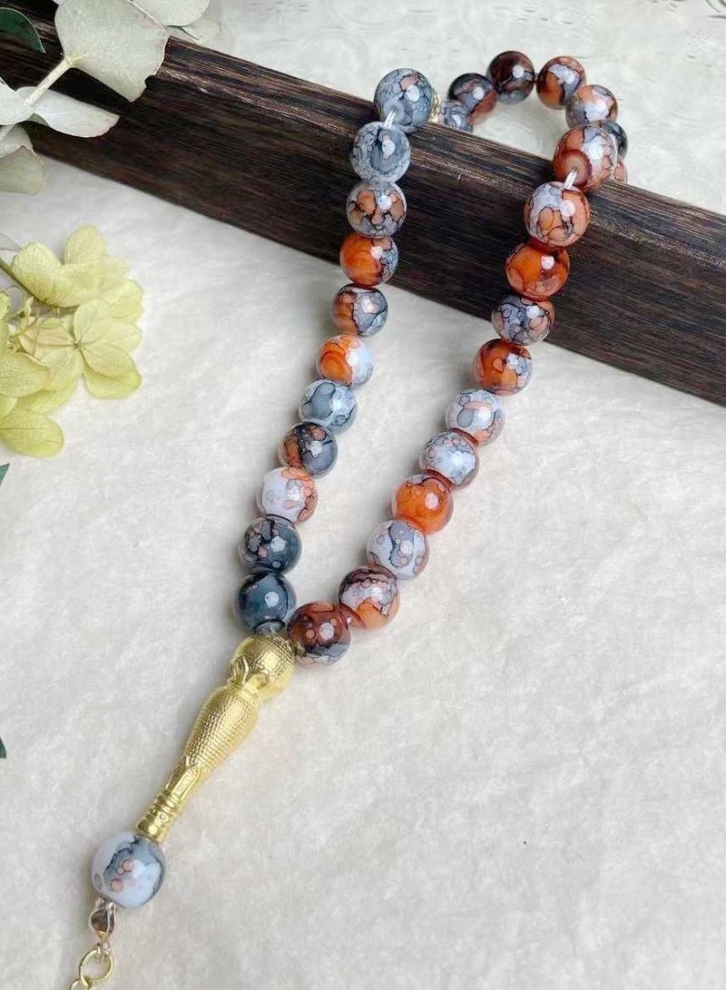 Fianser Tasbih 33 Prayer Beads 10mm Stone with Patterns Muslim Islamic Arabic Golden Tassels Exquisite Handmade - Image 5
