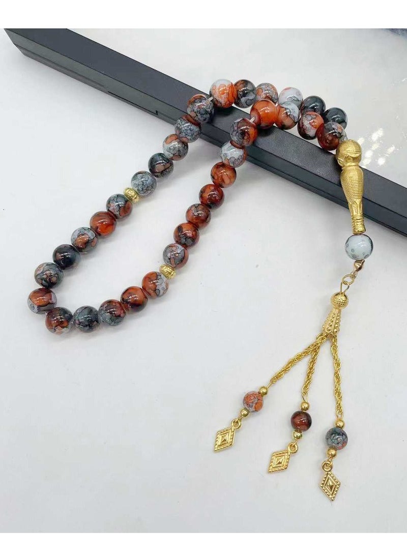 Fianser Tasbih 33 Prayer Beads 10mm Stone with Patterns Muslim Islamic Arabic Golden Tassels Exquisite Handmade - Image 4