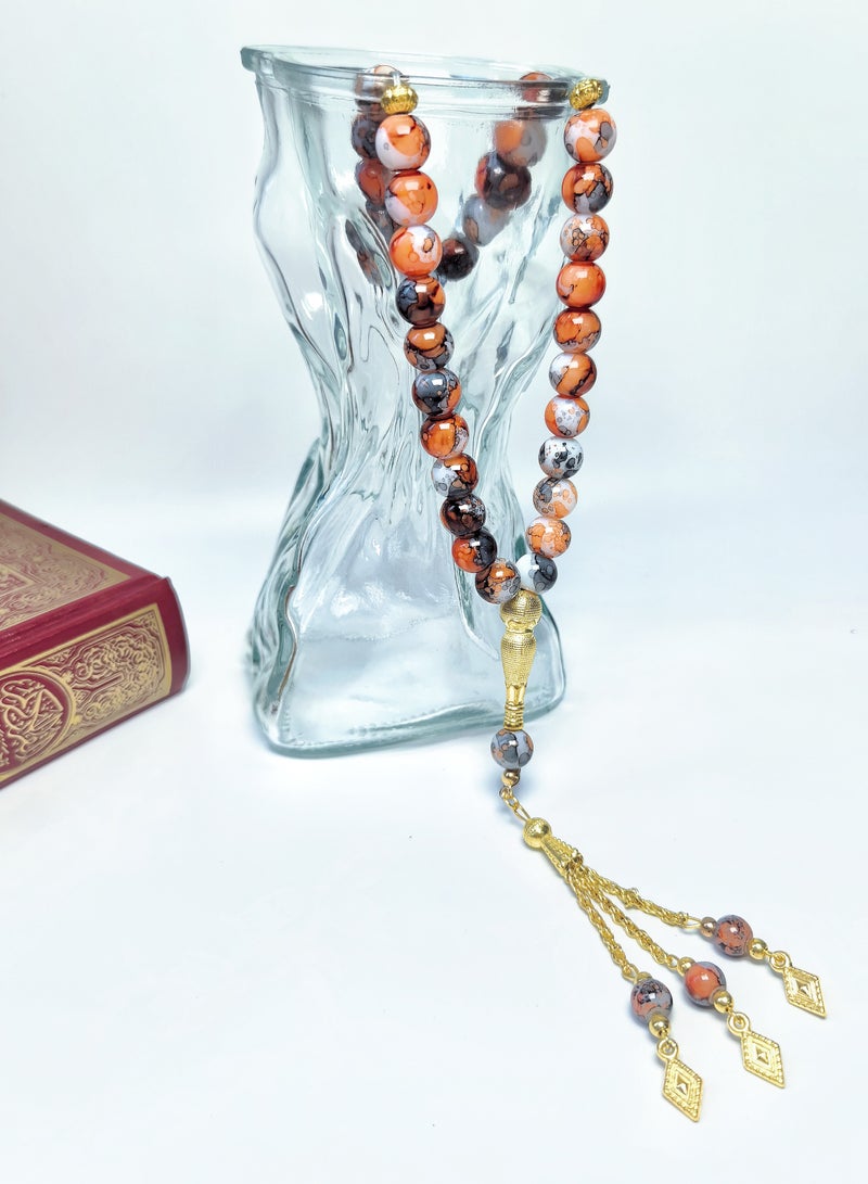 Fianser Tasbih 33 Prayer Beads 10mm Stone with Patterns Muslim Islamic Arabic Golden Tassels Exquisite Handmade - Image 2