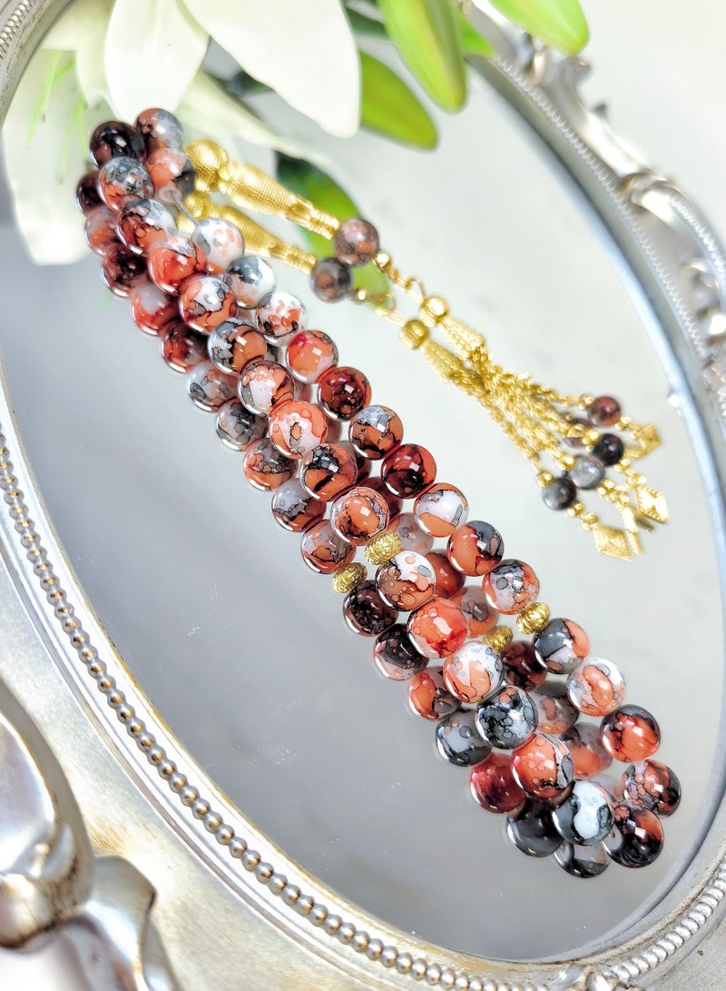 Fianser Tasbih 33 Prayer Beads 10mm Stone with Patterns Muslim Islamic Arabic Golden Tassels Exquisite Handmade - Image 1