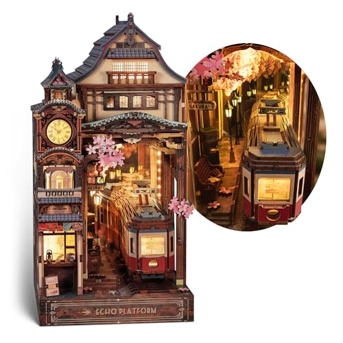 FUNPOLA Sakura Train Book Nook Kit LED 3D Wood Puzzle with Infinity Mirror DIY Bookshelf Decor Miniature Craft Gift for Kids and Adults - Image 1