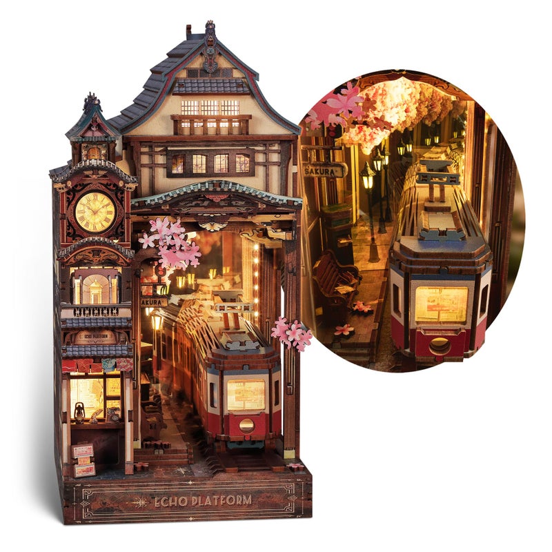 FUNPOLA Sakura Train Book Nook Kit LED 3D Wood Puzzle with Infinity Mirror DIY Bookshelf Decor Miniature Craft Gift for Kids and Adults - Image 3