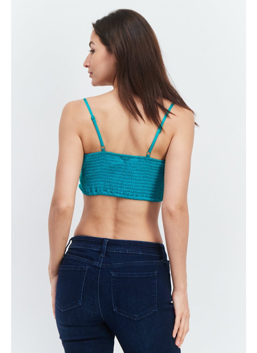 Etam Women Tie Neck Sleeveless Crop Top, Teal Green  - Image 3