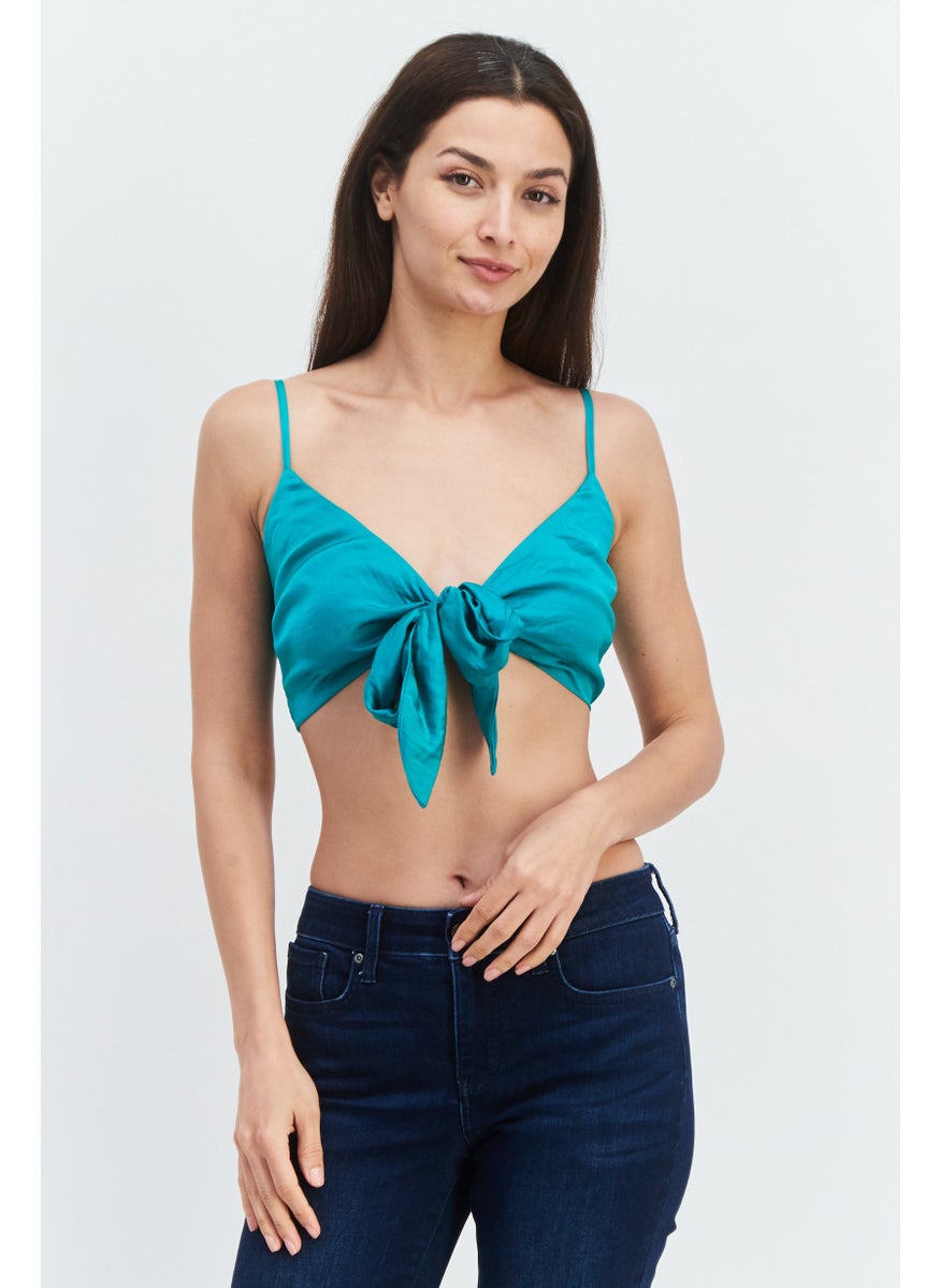 Etam Women Tie Neck Sleeveless Crop Top, Teal Green  - Image 1
