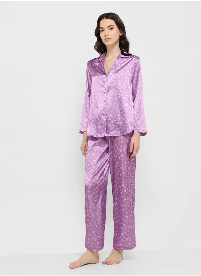 Ginger Heart Print Button Down Shirt & Pyjama Set