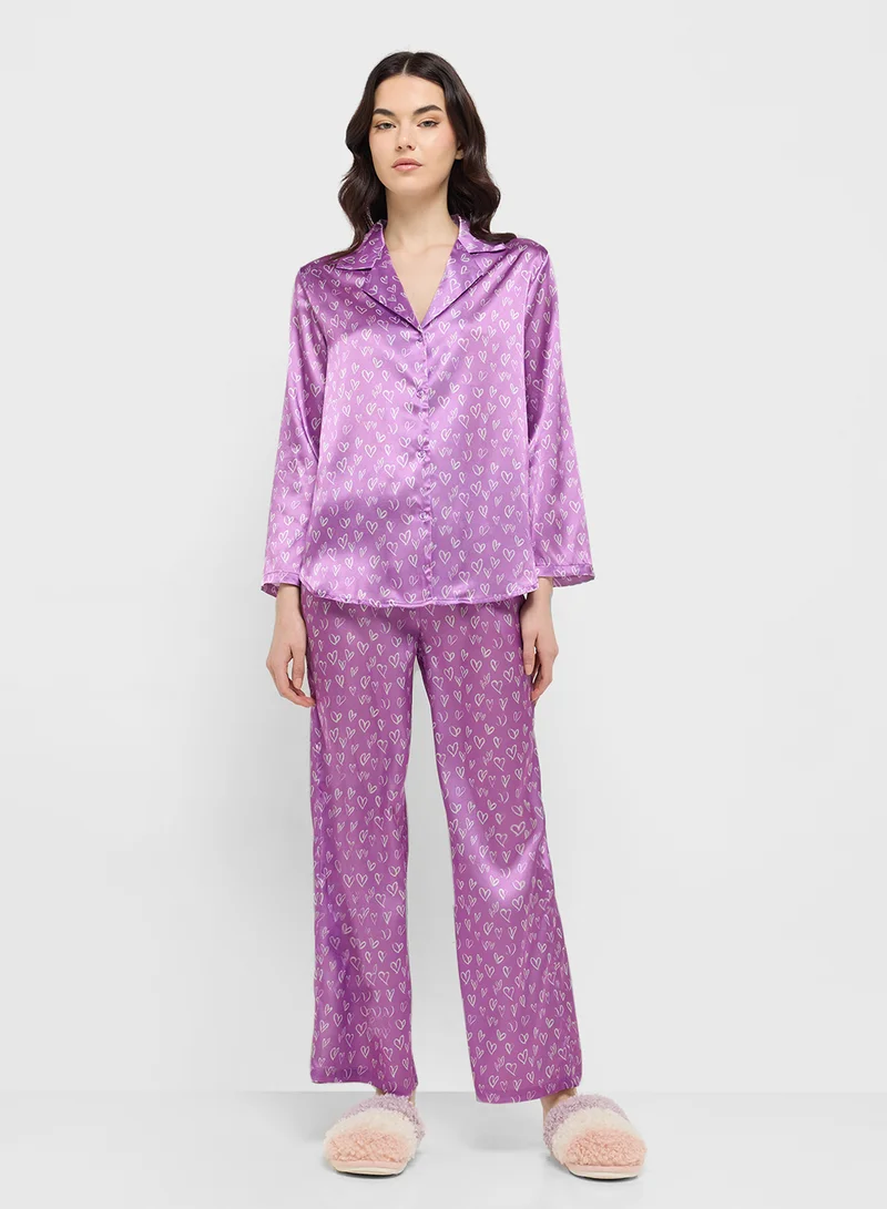 Ginger Heart Print Button Down Shirt & Pyjama Set