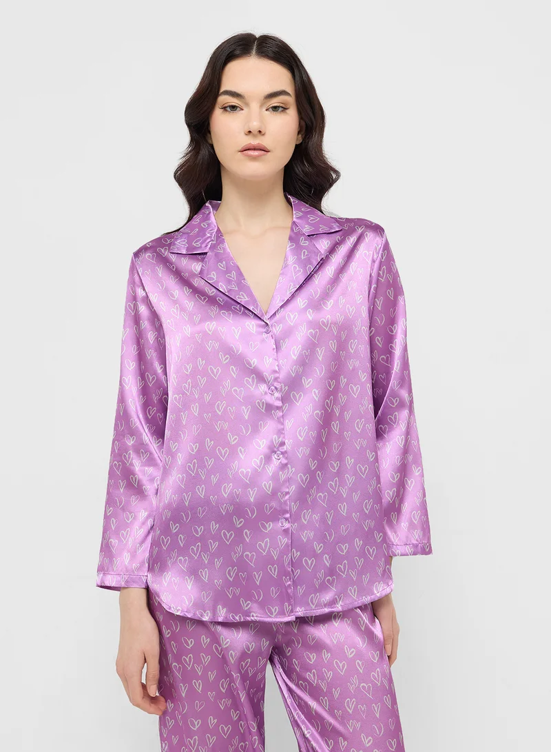 Ginger Heart Print Button Down Shirt & Pyjama Set