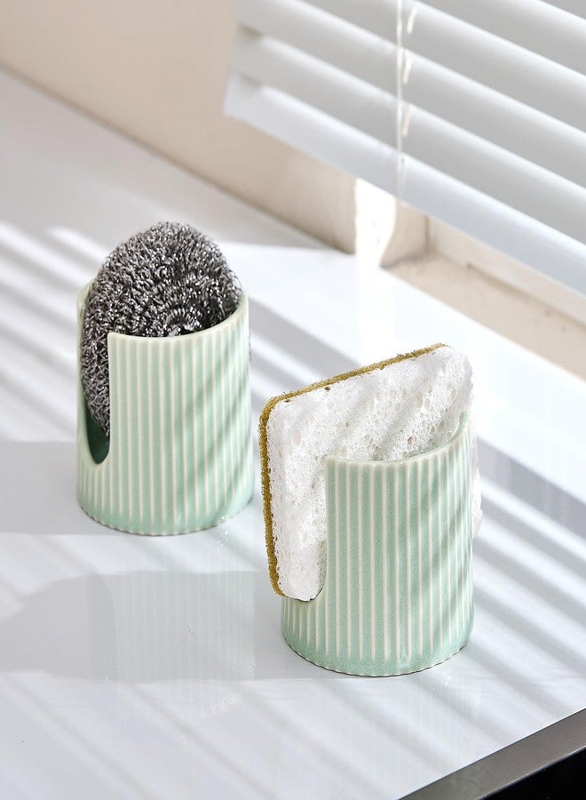 Hoilse Ceramic Sponge Holder for Kitchen Sink, Quick Dry Sink Caddy Organizer with Non-Slip Base, Farmhouse Sponge and Brush Holder for Countertop, Bathroom or Kitchen, Vintage Green - Image 2