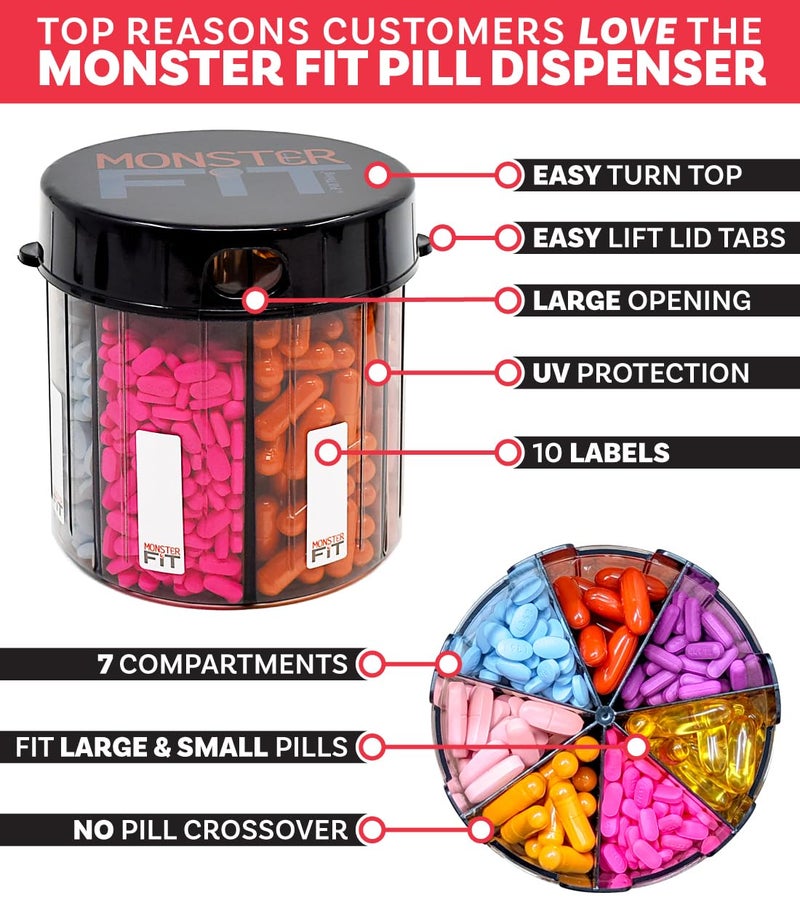 pill thing زجاجة موزع حبوب مكملات XL، 7 قسم، ملصقات، سهل الفتح، مضاد للخلط، منظم محمي من الأشعة فوق البنفسجية، فيتامين شهري كبير، حامل أدوية Monster Fit يتضمن تطبيق Medisafe المتميز - Image 5