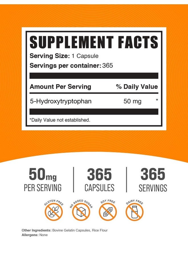 BulkSupplements.com 5-HTP Capsules - 5-Hydroxytryptophan, 5-HTP 50mg - 5 HTP Supplement for Well-Being - Amino Acid & Gluten Free, 1 Capsule per Serving, 365 Capsules (Pack of 1) - Image 2
