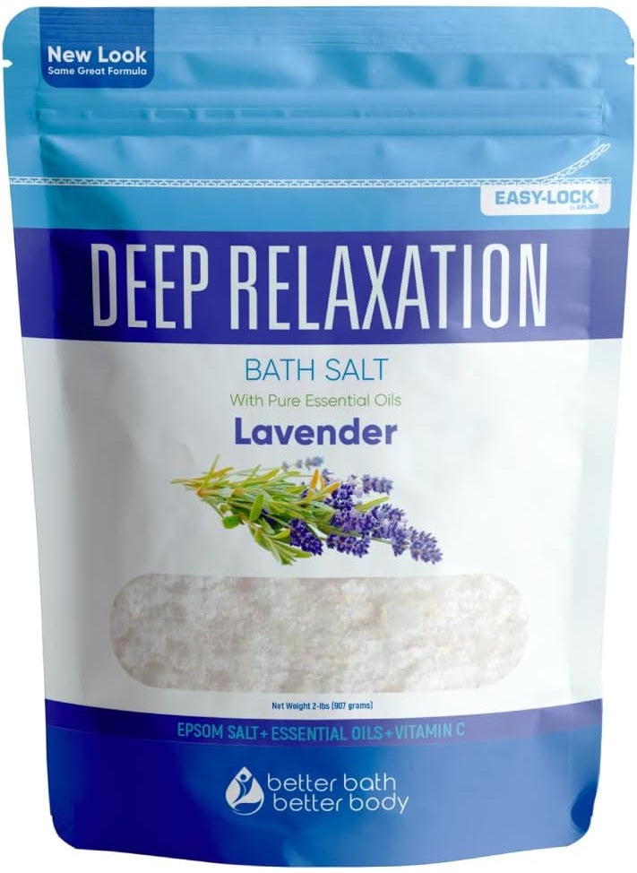 Better Bath Better Body Deep Relaxation Bath Salt 32 Ounces Epsom Salt with Natural Lavender Essential Oil Plus Vitamin C in BPA Free Pouch with Easy PressLock Seal 