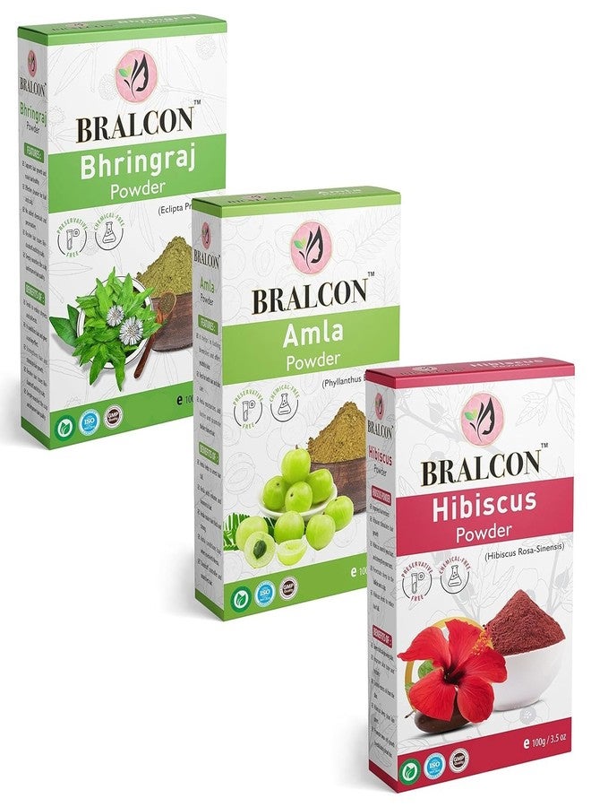 BRALCON Organic Amla, Hibiscus, Bhringraj Powder Combo -300g (100g x 3 Pack)| Hibiscus Powder, Amla Powder, Bhringraj Powder for Hair Growth, Hair and Skin Care |Hair Care & Face Pack Powder - Image 1