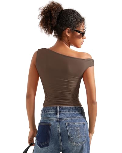 SUUKSESS Women Off Shoulder Tops Sleeveless Shirts Y2K Trendy Going Out Crop Tank Top (Brown,XS) - Image 3