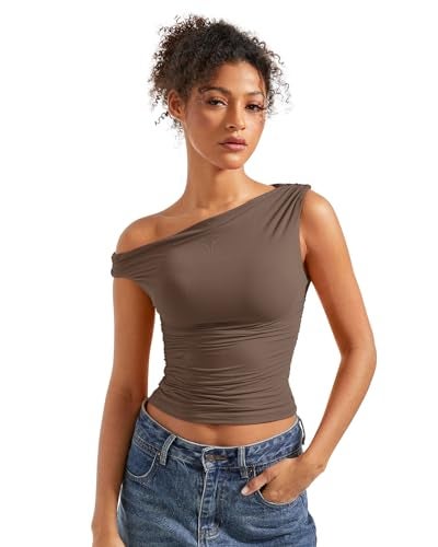 SUUKSESS Women Off Shoulder Tops Sleeveless Shirts Y2K Trendy Going Out Crop Tank Top (Brown,XS) - Image 1