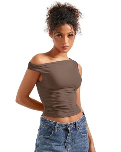 SUUKSESS Women Off Shoulder Tops Sleeveless Shirts Y2K Trendy Going Out Crop Tank Top (Brown,XS) - Image 4