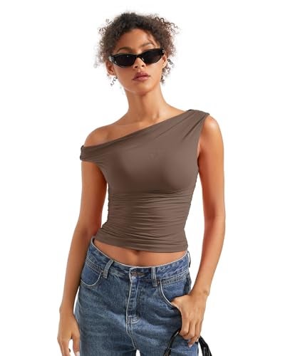 SUUKSESS Women Off Shoulder Tops Sleeveless Shirts Y2K Trendy Going Out Crop Tank Top (Brown,XS) - Image 5