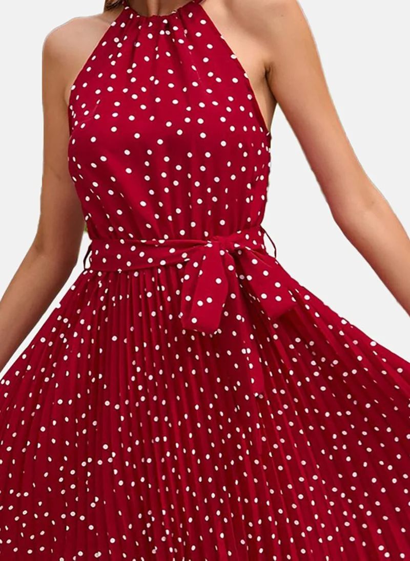 YUNIQEE Maroon Flared Polka Dots Tie-up Sleeveless Dress