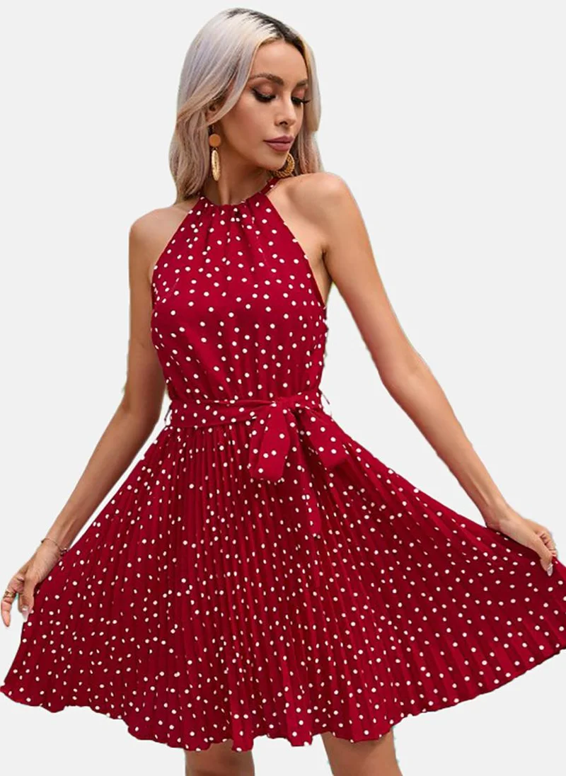 YUNIQEE Maroon Flared Polka Dots Tie-up Sleeveless Dress