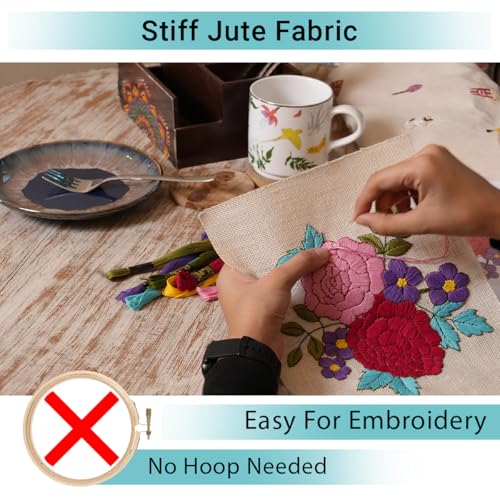 picknMAKE Hoop-Free Needle Stitch Elegant Blooms DIY Hand Embroidery Kit for Beginners Adults,Stiff Jute Fabric Art Craft Work,Printed Floral Design with Threads,Needles,Cutter,Instruction,Multicolor - Image 4