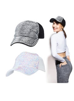 Rhinestone Baseball Cap, Women Bling Hat, Rhinestone Hat, Adjustable Baseball Cap Sequins for Men, Sport Travel Summer Black and White Cap 2 Pcs