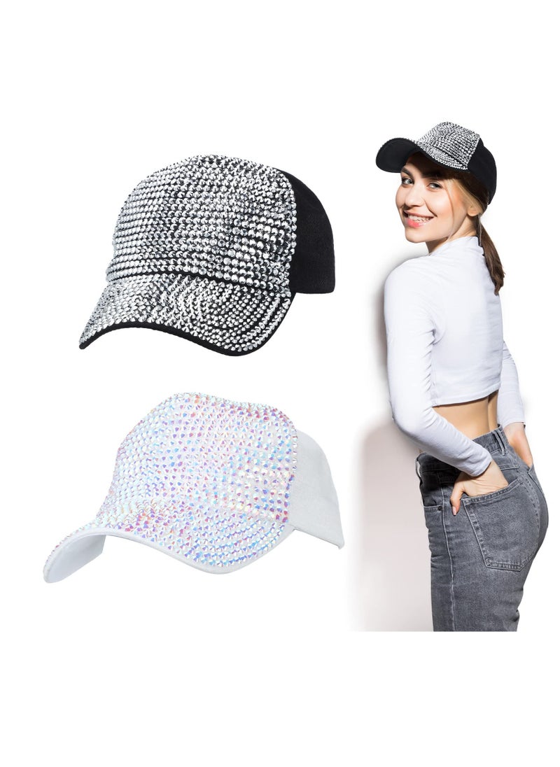 SYOSI - Rhinestone Baseball Cap, Women Bling Hat, Rhinestone Hat, Adjustable Baseball Cap Sequins for Men, Sport Travel Summer Black and White Cap 2 Pcs - Image 1