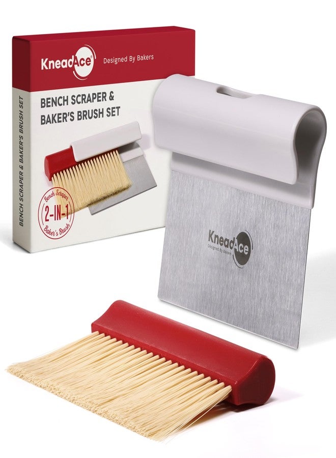 KneadAce Dough Scraper & Baker’s Brush Set - Stainless Steel Bench Scraper with Nesting Cleaning Brush, Food-Safe, Easy to Clean, Baking Tool Set for Bread and Pastry (White/Red) - Image 1
