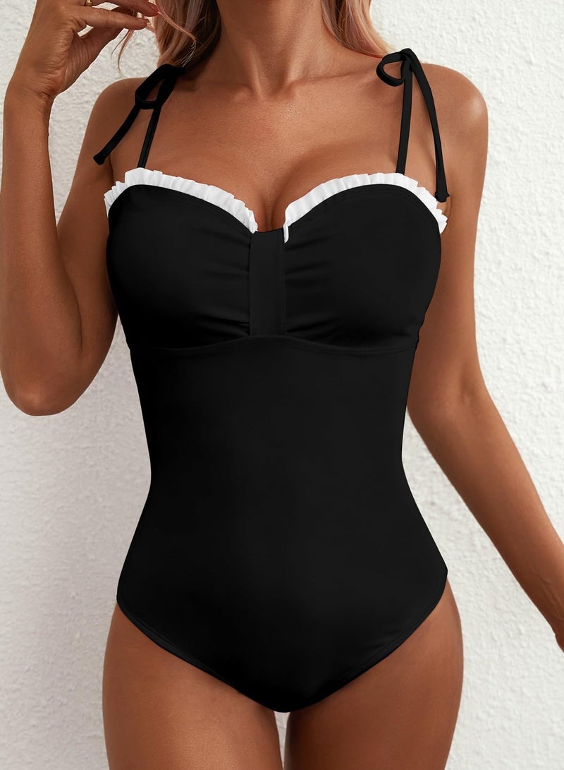 Herseas Women One Piece Swimsuit Striped High Cut Adjustable Tie Shoulders Stretchy Push Up Tummy Control Bathing Suit Romantic Plus Size Beach Vacation Essentials Black X-Large - Image 5