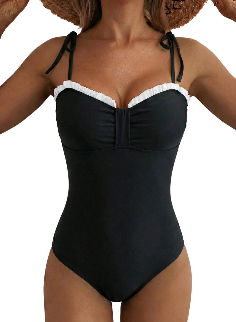 Herseas Women One Piece Swimsuit Striped High Cut Adjustable Tie Shoulders Stretchy Push Up Tummy Control Bathing Suit Romantic Plus Size Beach Vacation Essentials Black X-Large - Image 1