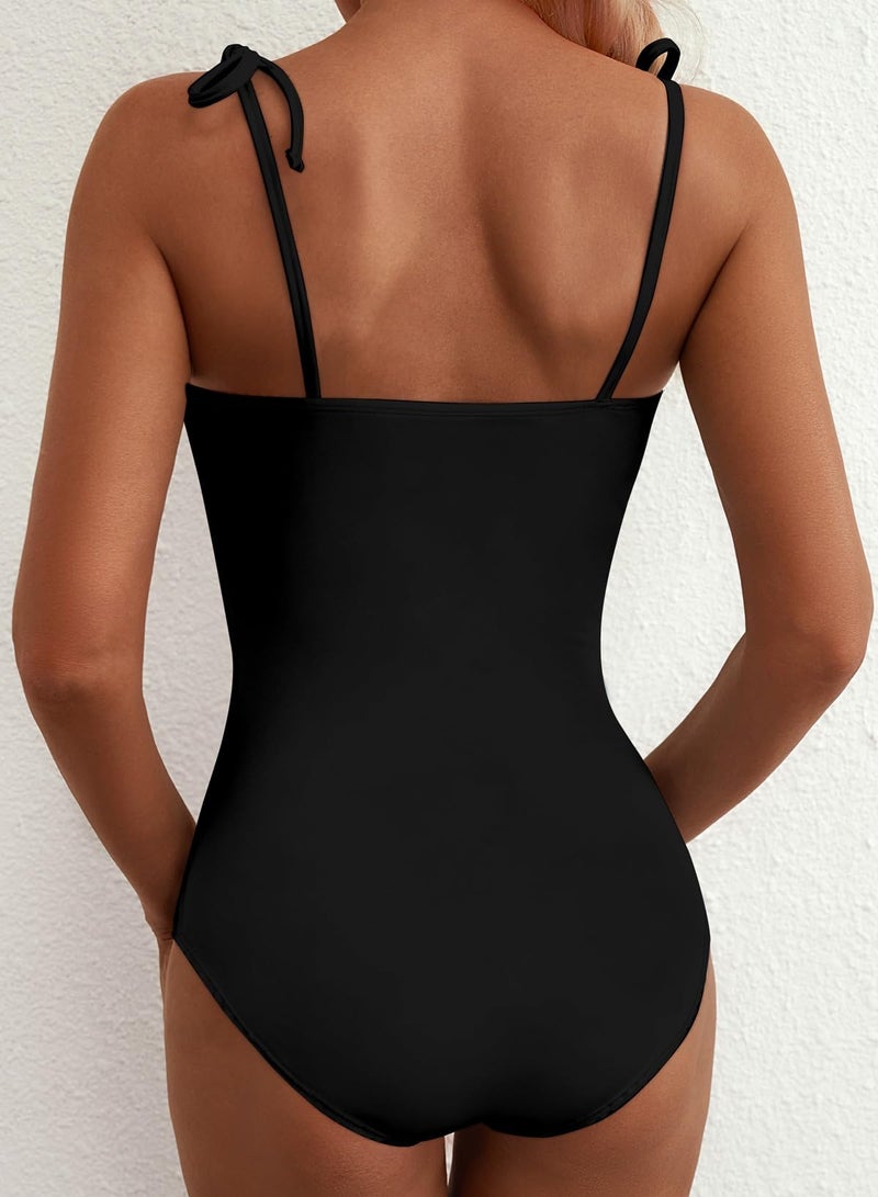 Herseas Women One Piece Swimsuit Striped High Cut Adjustable Tie Shoulders Stretchy Push Up Tummy Control Bathing Suit Romantic Plus Size Beach Vacation Essentials Black X-Large - Image 2