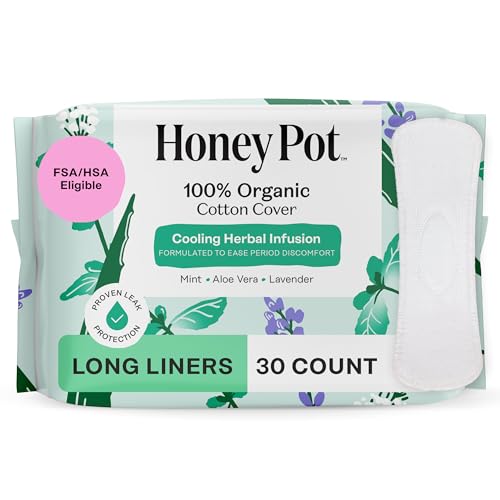 The Honey Pot Company Herbal Long Panty Liners for Women Infused wEssential Oils for Cooling Effect Organic Cotton Cover Feminine Care FSA HSA Eligible 30 ct