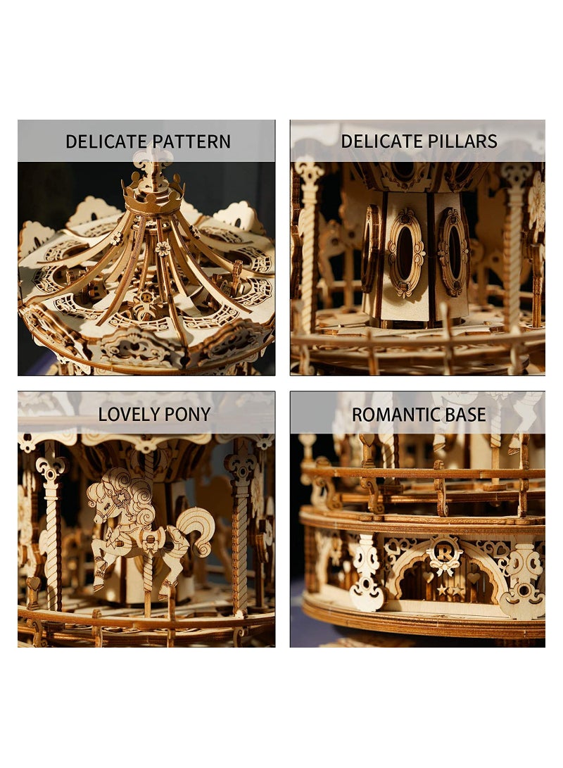 3D Wooden Puzzle Carousel Model Building Kits Rotating 5-Horses Music Box ideal Birthday Gift - Image 5