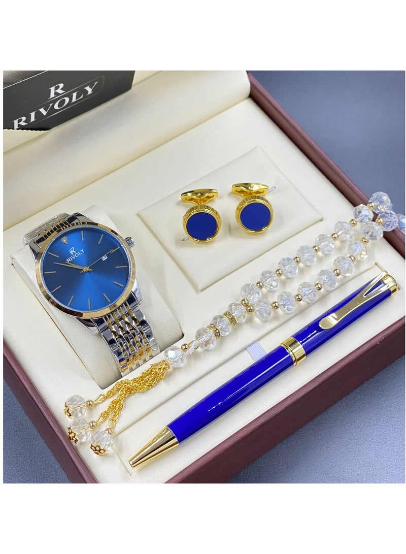 ريفولي طقم رجالي من الستانلس ستيل يتكون من ساعة وسبحة وقلم وازرار اكمام