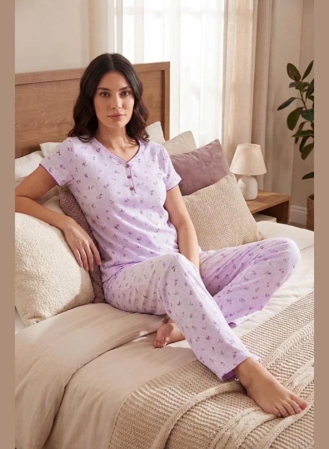 Lela Lela Cotton Regular Fit Soft Textured Buttoned V-Neck Pajama Set Women's PAJAMA SET 65770755