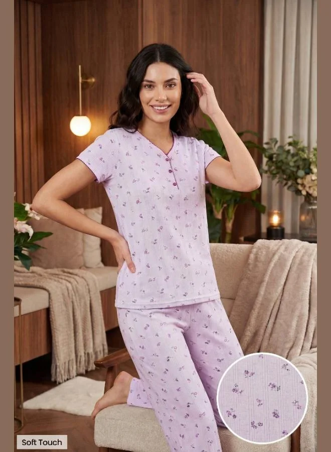 Lela Lela Cotton Regular Fit Soft Textured Buttoned V-Neck Pajama Set Women's PAJAMA SET 65770755