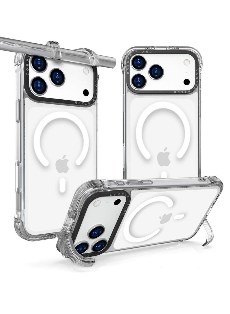 Techie iPhone 17 Pro MagSafe Clear Case with Built-in Hidden Foldable Edge Bracket Stand Holder - Shockproof TPU + PC Hard Back Acrylic, Anti-Yellowing Bumper Case - Image 1